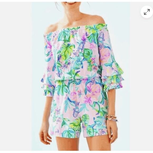 Lilly Pulitzer Calla Off-Shoulder Romper Mermaid in the Shade XS NWOT - Picture 2 of 7